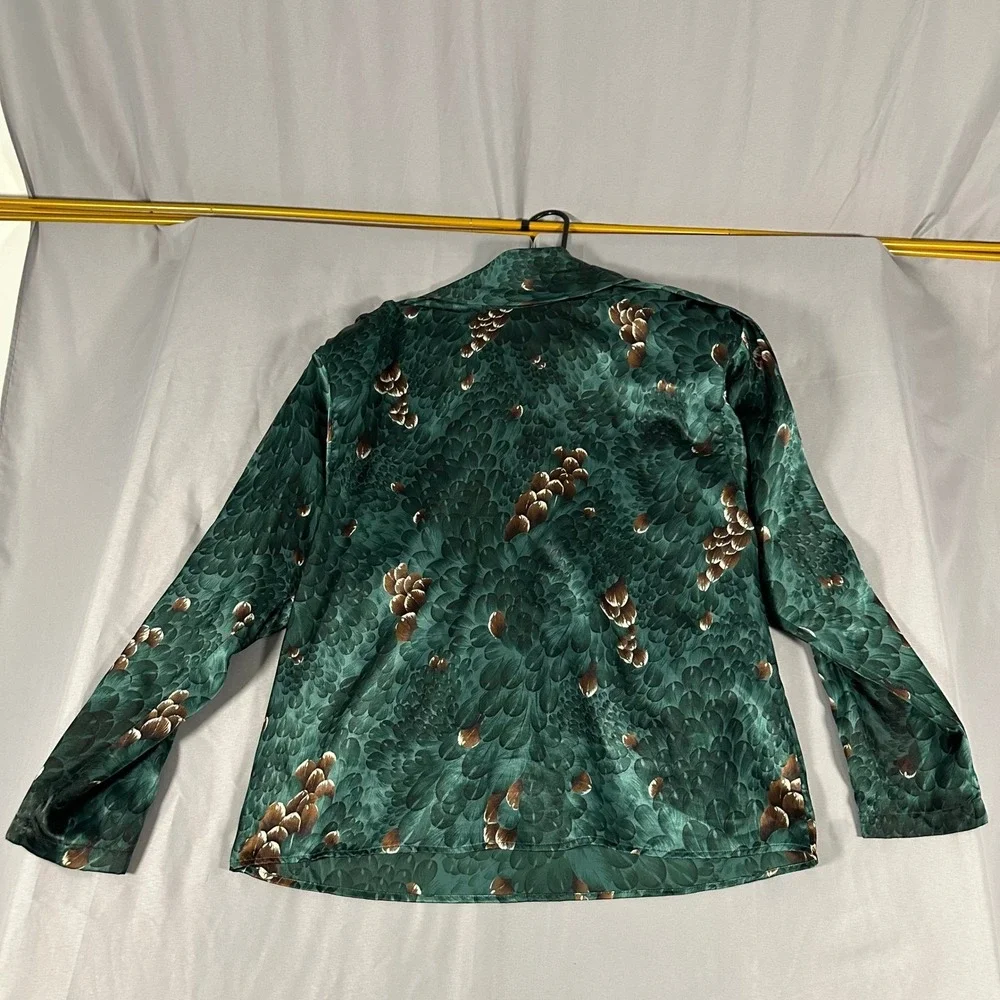 Regina‎ Porter Vintage Green Peacock Feather Print Satin Blouse Womens 12 Retro